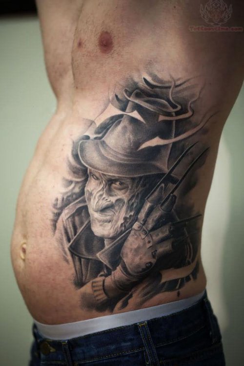 Grey Ink Freddy Krueger Tattoo On Side Rib